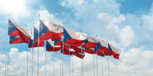 flags of Czech Republic in rows waving in the wind against blue sky
