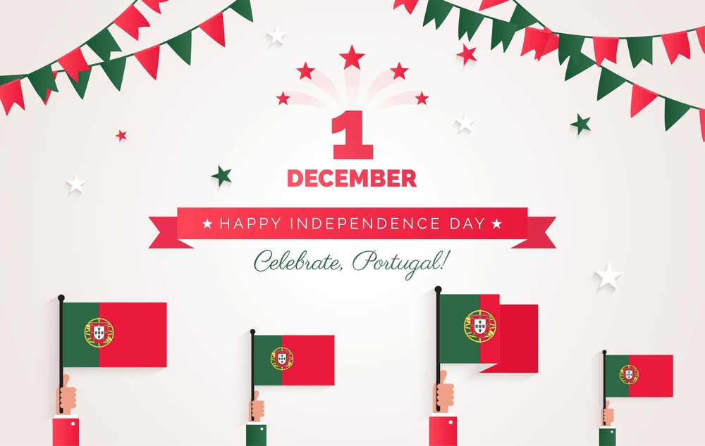 1 December. Portugal Independence Day greeting card. Holiday background with waving flags