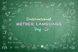 International mother language day greeting with doodle on green chalkboard