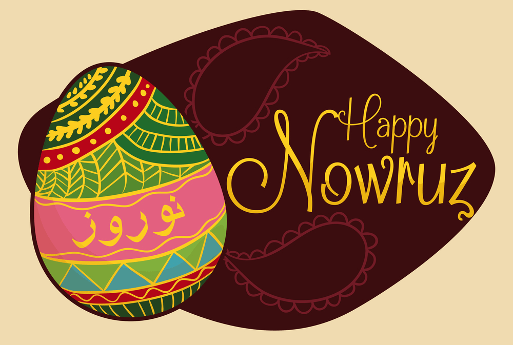 Beauty painted egg with a sign with a greeting message for Nowruz (Persian New Year)