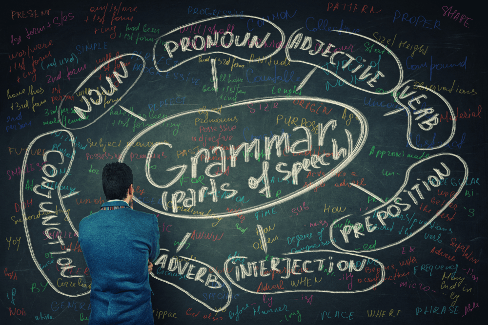 Rear view of a puzzled student in front of a huge blackboard written with chalk english grammar parts of speech