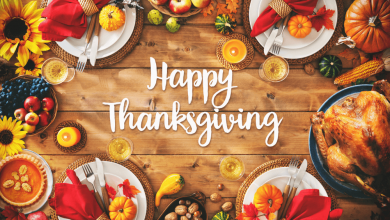 Thanksgiving Day 2019 celebration traditional dinner setting meal concept with Happy Thanksgiving