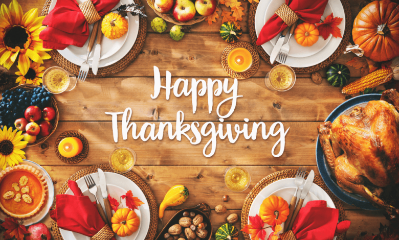 Thanksgiving Day 2019 celebration traditional dinner setting meal concept with Happy Thanksgiving