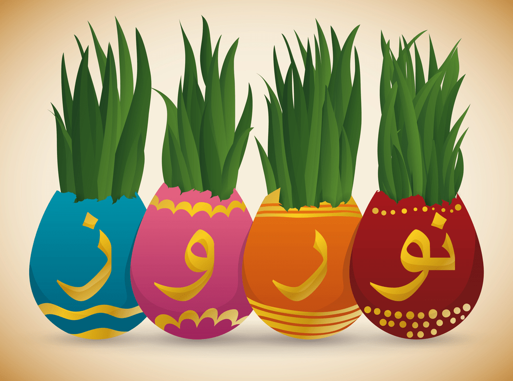 Wheat grass (or Sabzeh) growing inside in colorful handmade painted eggs in for Nowruz