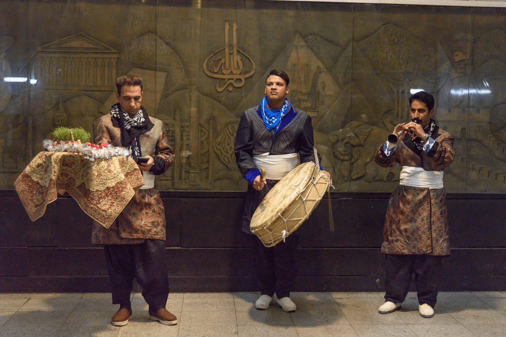 musicians play music in the metro station before Nowruz holiday