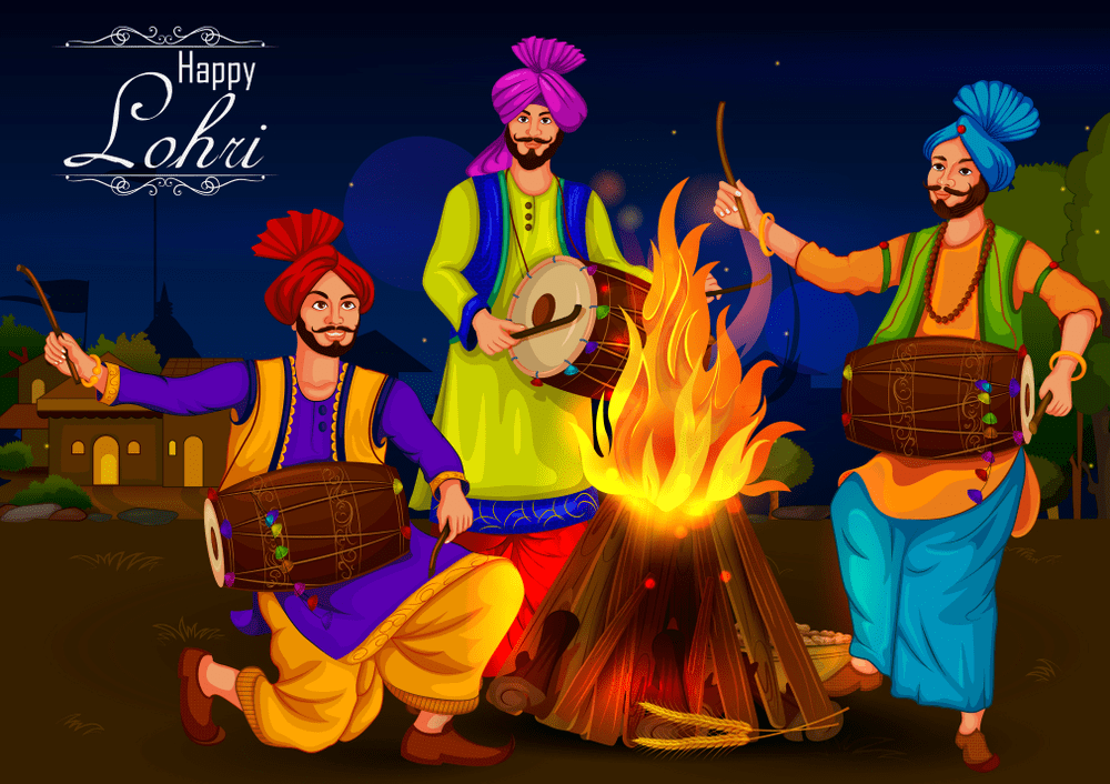 Happy Lohri Punjabi religious holiday Bonfire