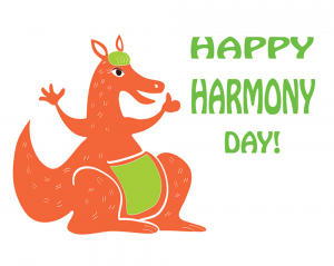March 21st, Harmony Day in Australia - funny greeting card with cartoon Kangaroo