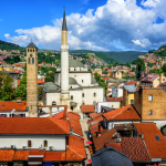 Old Town of Sarajevo with Gazi Husrev-beg Mosque and red tiled roofs of main bazaar, Bosnia and HerzegovinaOld Town of Sarajevo with Gazi Husrev-beg Mosque and red tiled roofs of main bazaar, Bosnia and Herzegovina