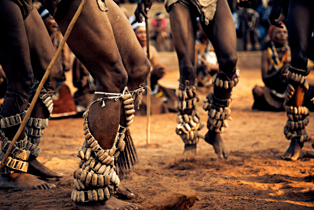 The photo was taken during the Kuru Dance Festival in Botswana Africa I group of men performing their traditional dance