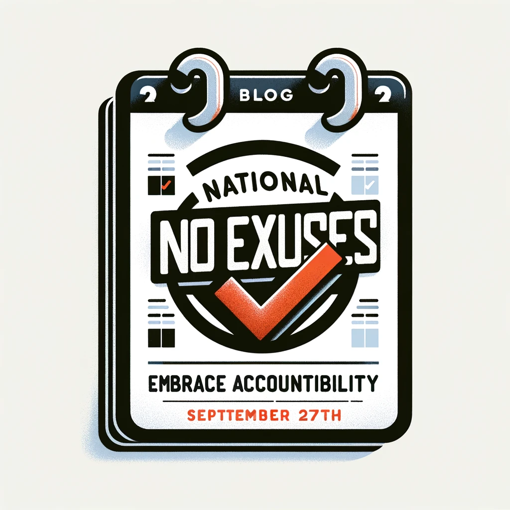 An illustrated blog post thumbnail depicting a stylized calendar with the date September 27th circled. Above it, the bold text "National No Excuses Day – Embrace Accountability